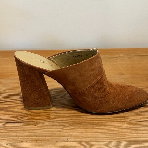 Stuart Weitzman Camel Suede Block Heel Mules | Leather Soles | Made in Spain - Picture 5 of 9